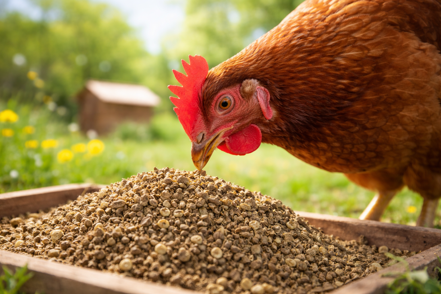 chicken eating hempseed